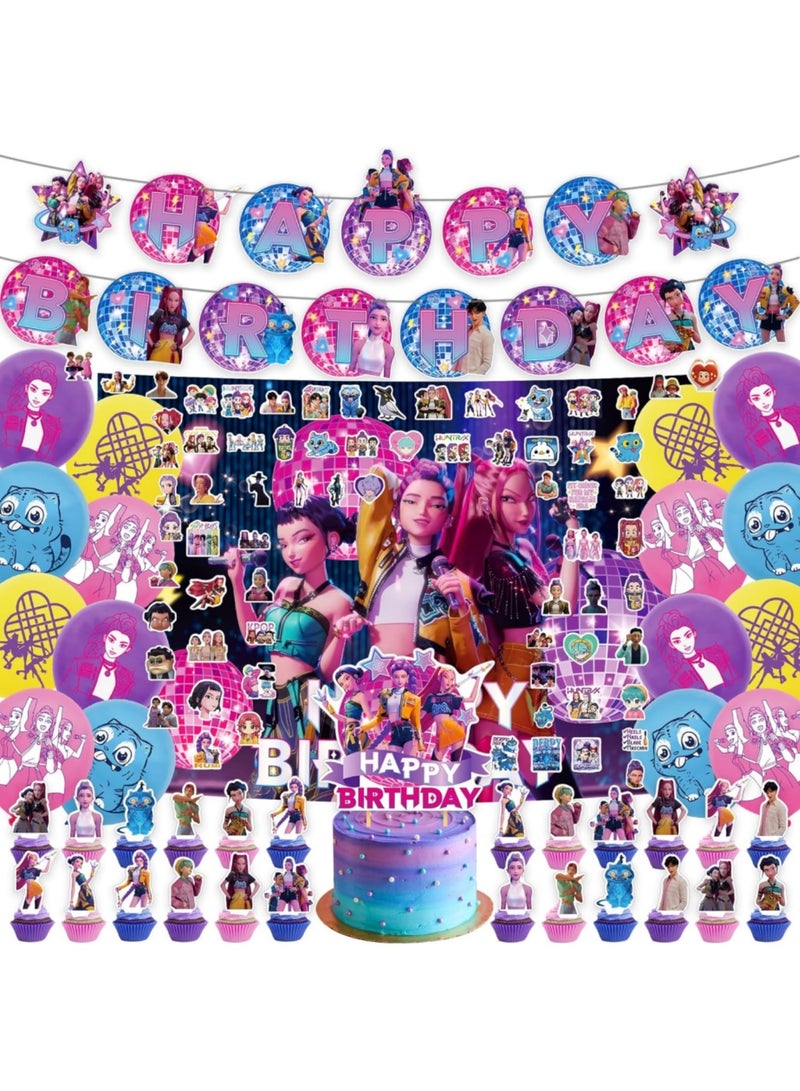 115Pcs Demon Hunters Birthday Decorations, Party Supplies Kit with Backdrop, Banner, Cake Topper, Cupcake Picks, Balloons, Stickers for Themed Celebration